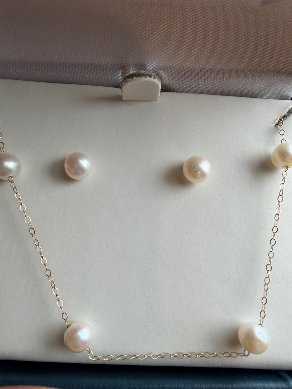 14k gold Delicate White Pearl Station Necklace and earrings